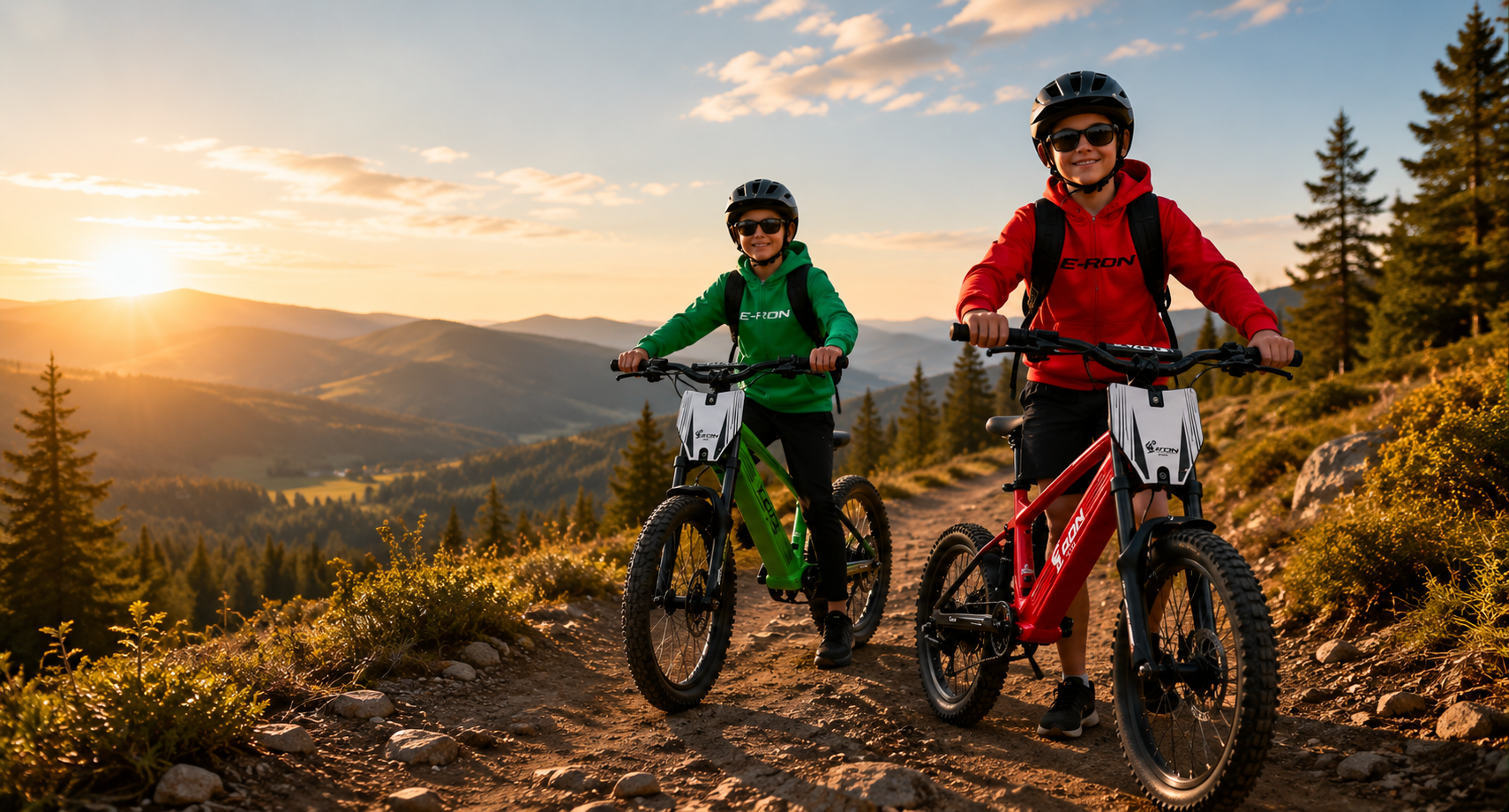 Two young riders on a mountain ridge at sunset